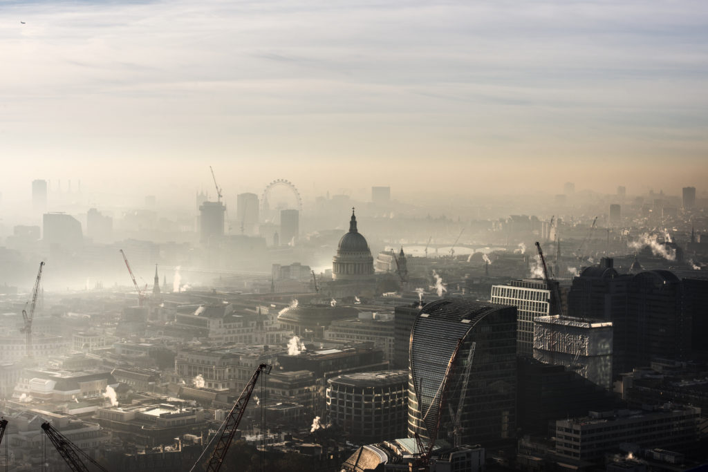 Overlook of London City gloomy exhaust emissions