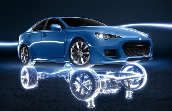 Blue sports car with reflective vehicle skeleton illuminating underneath